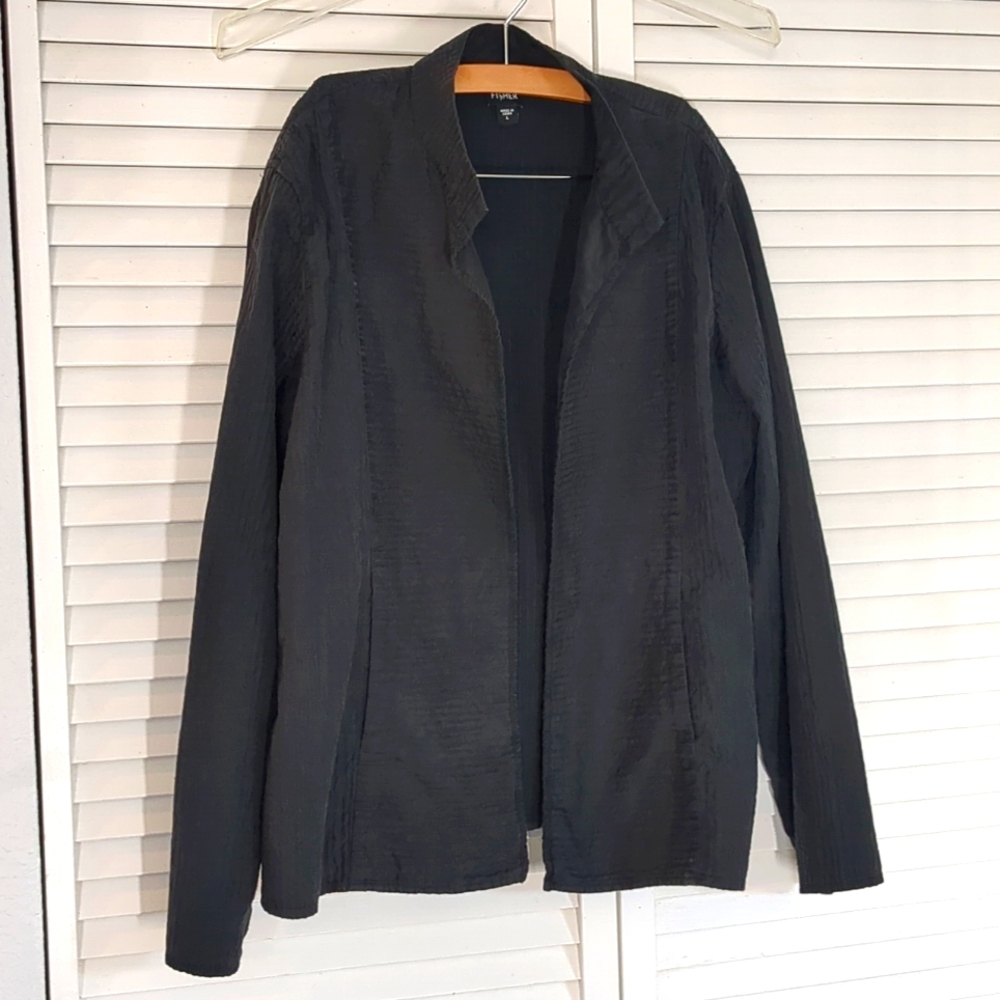 Eileen Fisher 100% Silk Trapunto stitching Black Open Jacket Size L